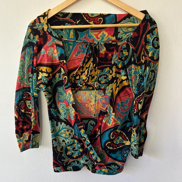 Marciano Wool Blend Top Womens Small Open Back Faux Wrap Tie Neck Art to Wear - Picture 2 of 5